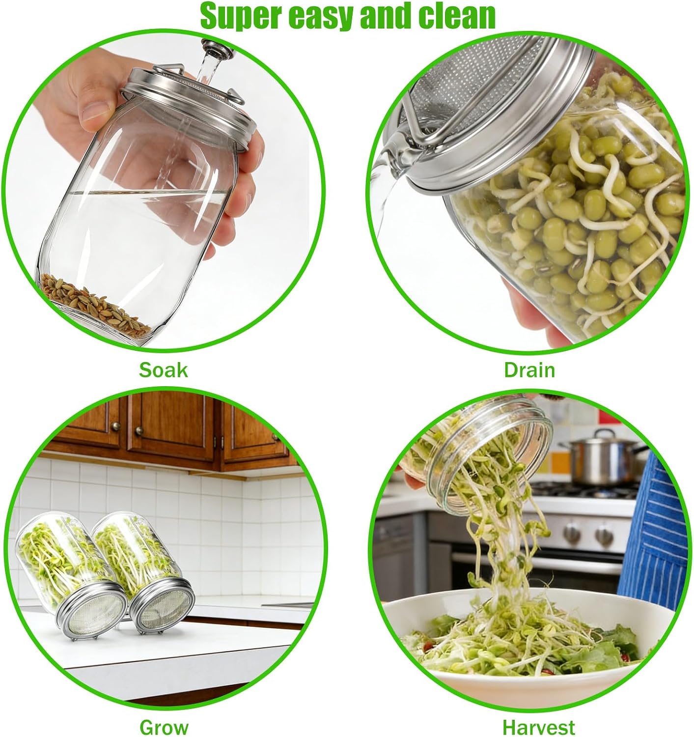 4pcs Sprouting Lids for Wide Mouth Mason Jars, Stainless Steel Reusable Sprouts Growing Jar Strainer Lid with Fine Mesh for Organic Alfalfa Broccoli Mung Bean
