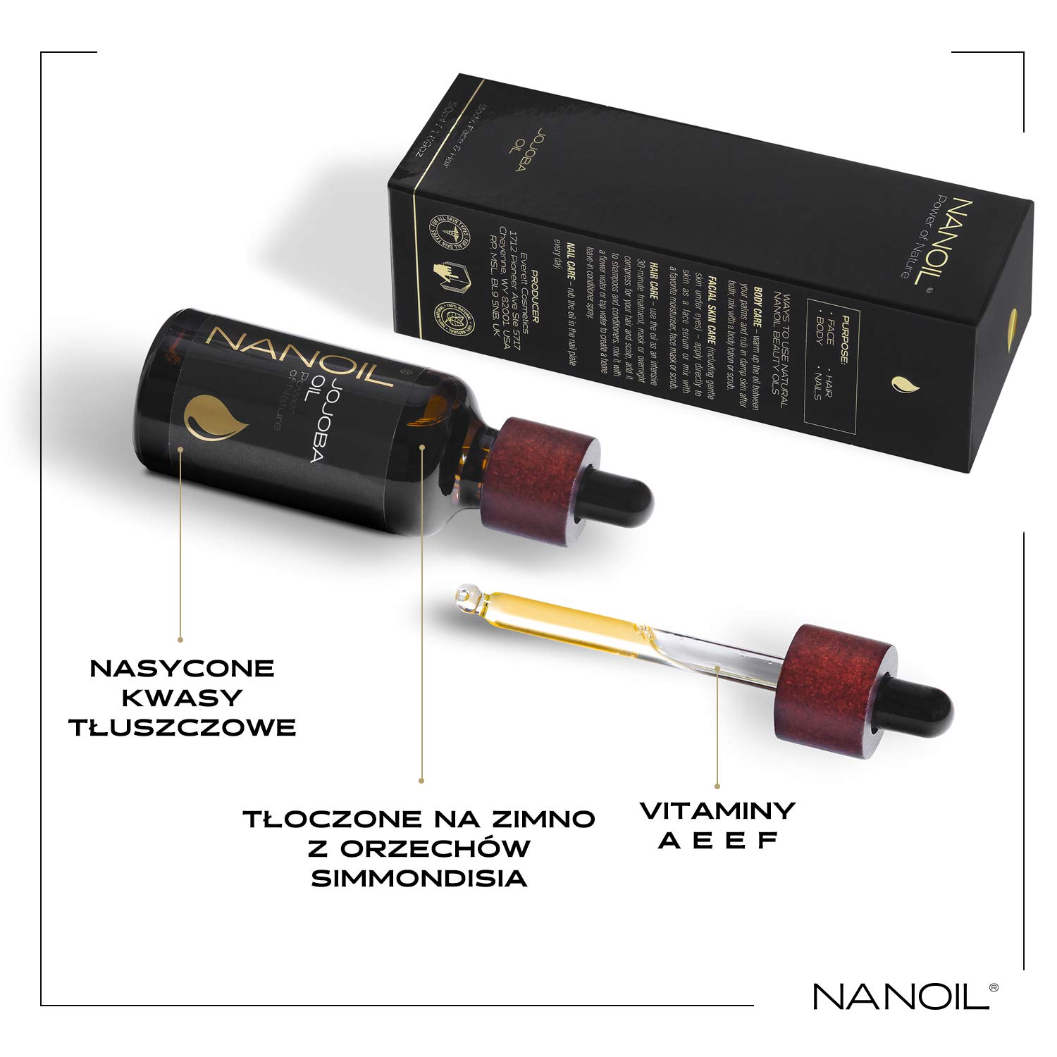 Olejek Nanoil 50 ml - naturalny, zimnotłoczony i nierafinowany olejek do pielęgnacji włosów, ciała i twarzy, odżywiający, nawilżający (Jojoba)