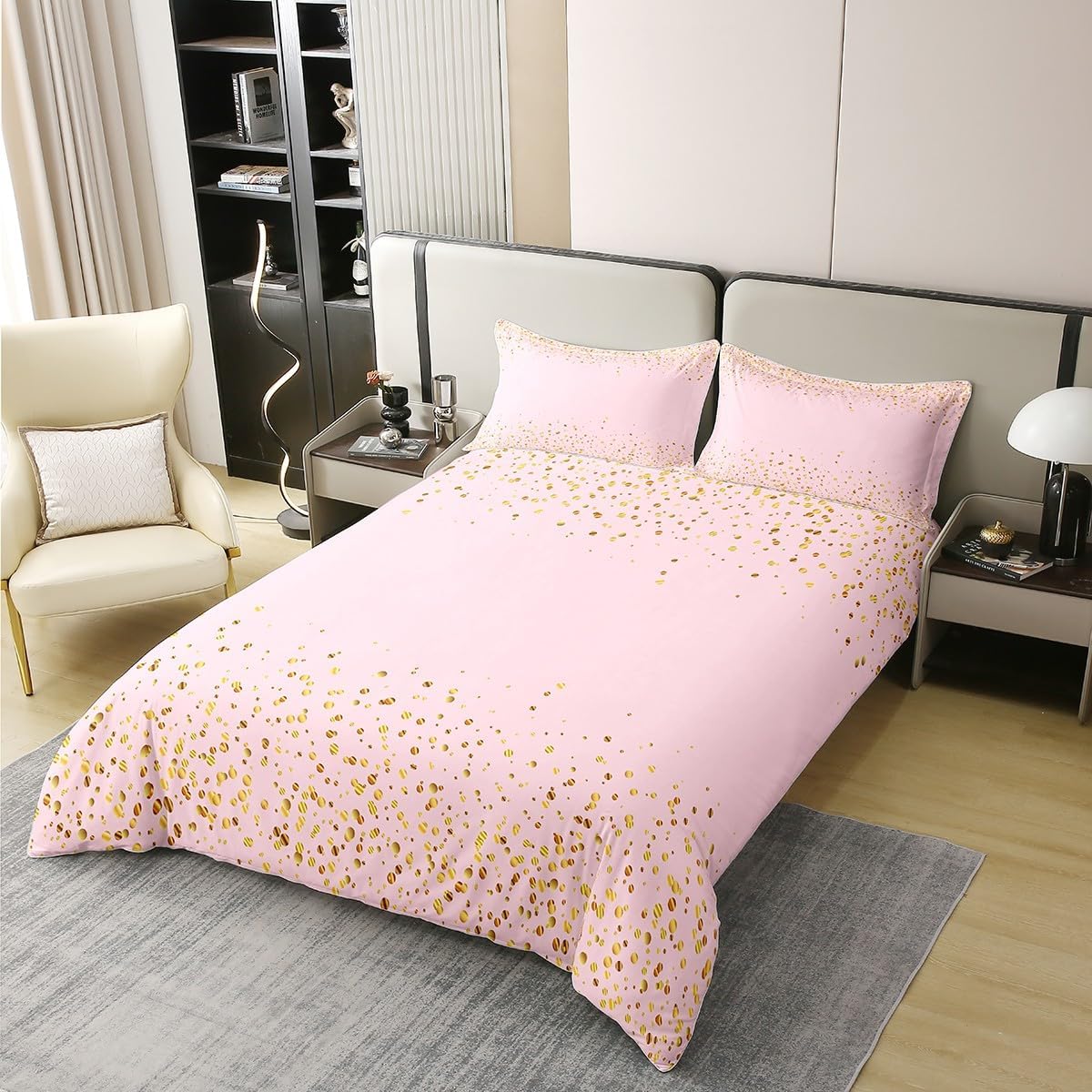 Castle Fairy Pink and Gold Full Size Reversible Duvet Cover Golden Glitter Dot Print 100% Pure Cotton Comforter Cover Party Birthday Wedding Decor Bedding Set with 2 Pillowcases for Teens Adults