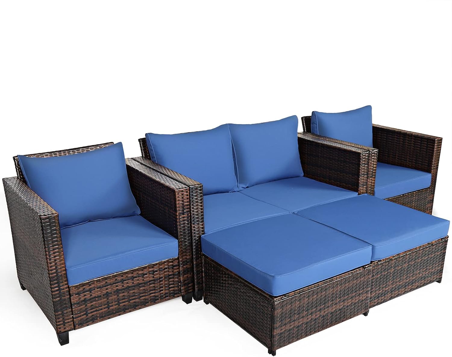 COSTWAY 5PCS Patio Rattan Furniture Set, Loveseat Sofa with Cushioned Chairs and Ottomans, Outdoor Wicker Conversation Set for Backyard Porch Lawn Garden