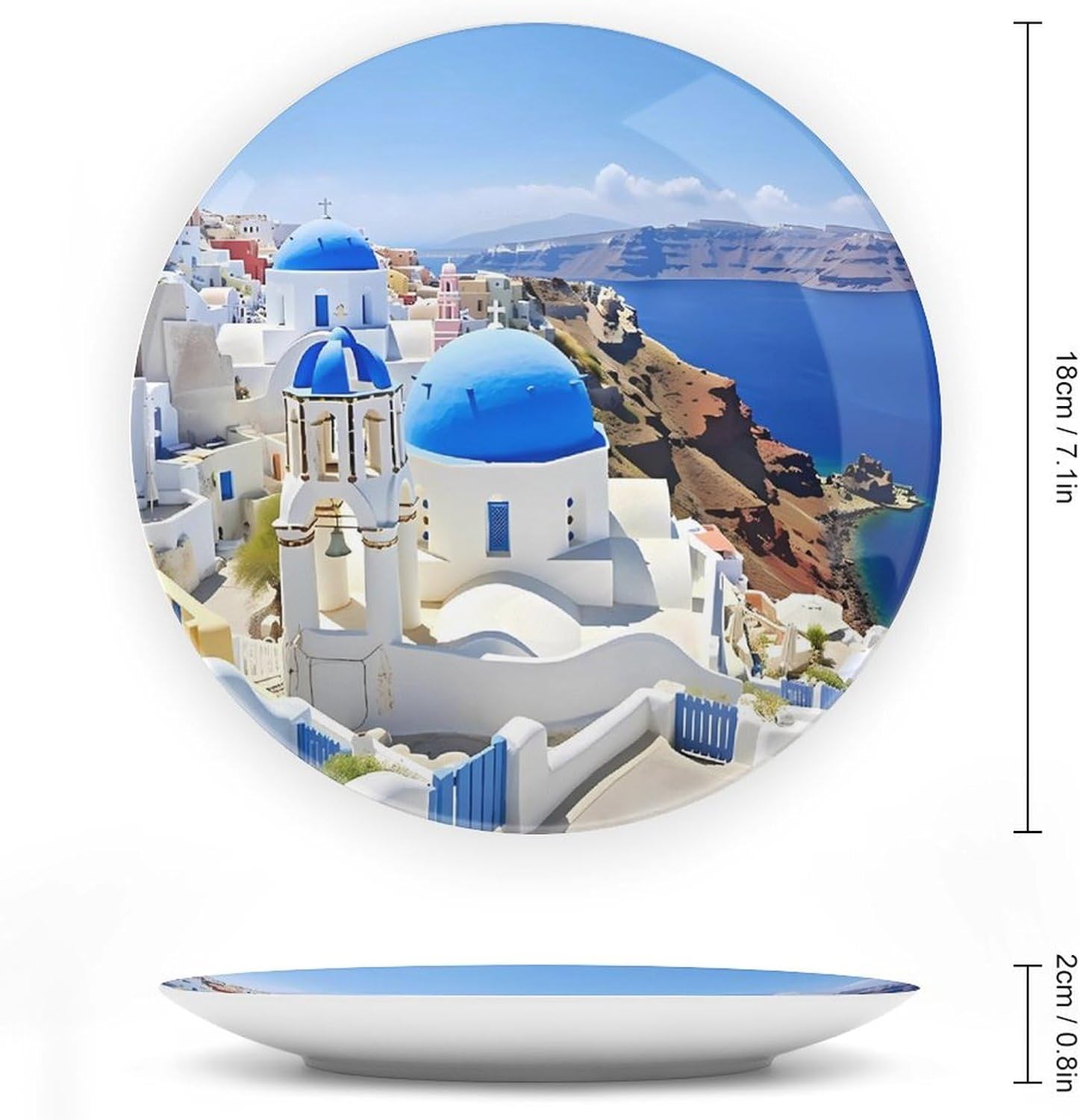 Santorini Greece Custom Bone China Decorative Plate Round Ceramic Decorative Plate with Display Stand for Home Office Wall Decor