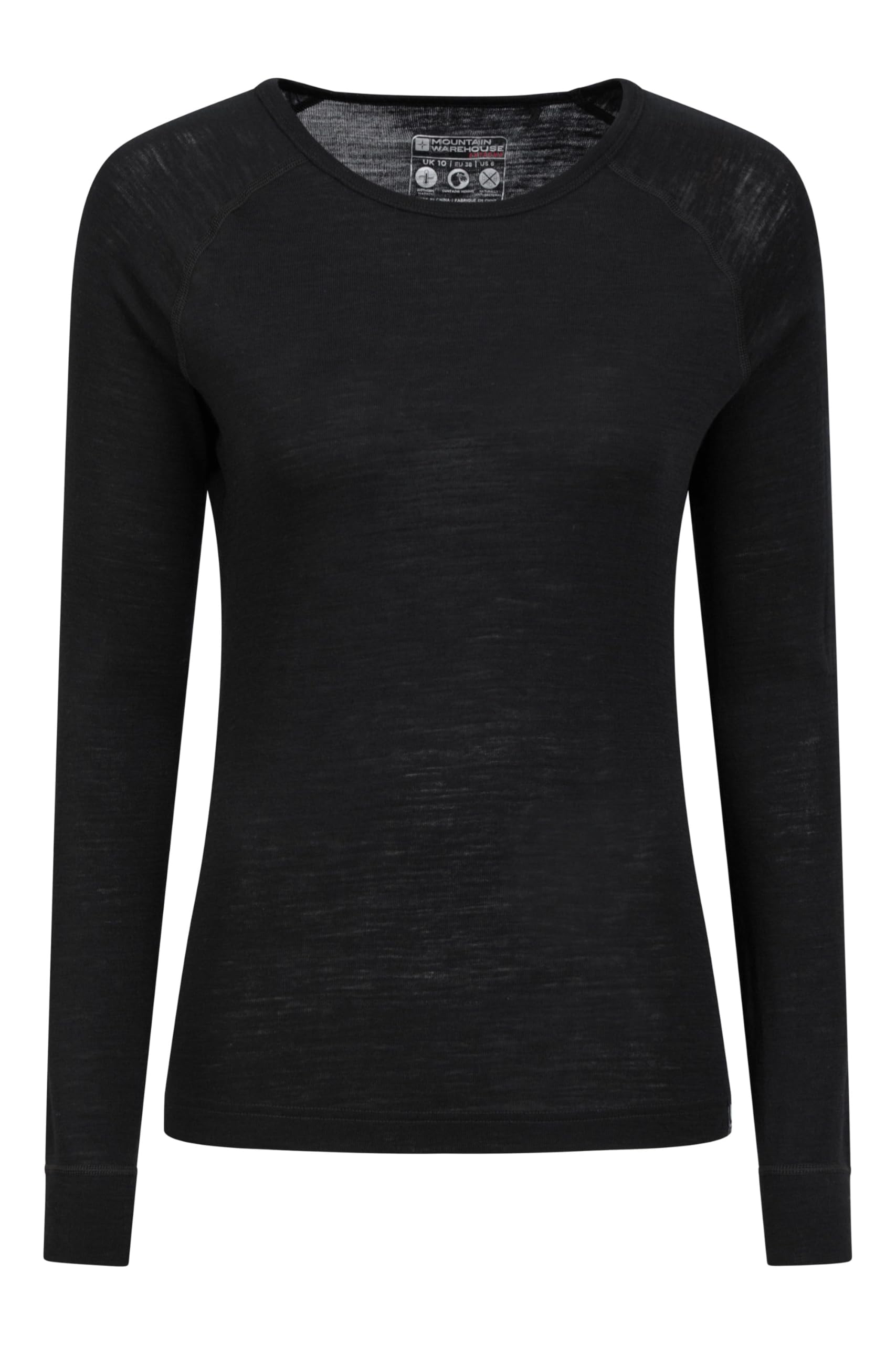 Mountain Warehouse Merino Womens Base Layer Top - Lightweight, Antibacterial & Breathable Ladies T Shirt - for Travel, Hiking, Camping, Skiing, Snowboard Black Women's Size 10