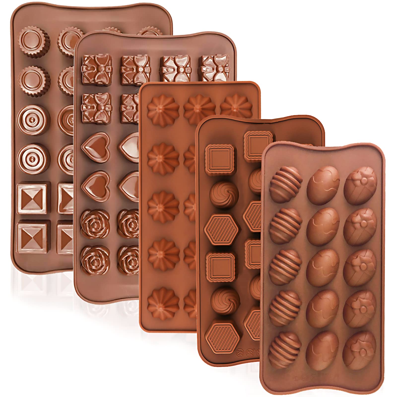 Food Grade Silicone Chocolate Candy Molds, 5 Pcs Non Stick DIY Baking Mold Handmade,Ice Cube Trays Heart Animals, Etc. Shapes, Cake Topper For Candy/Fondant/Chocolate/Festival (24 cups*2+15 cups*3)