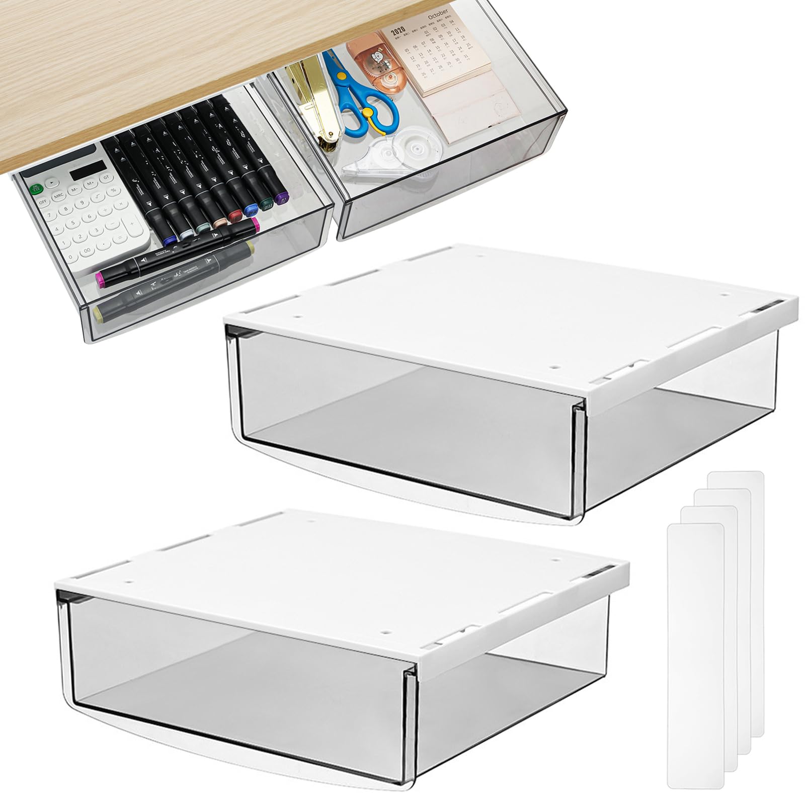 SOUJOY 2 Pack Self-adhesive Under Desk Drawer, Hidden Slide Out Organizer Tray, Plastic Under Table Attachable Hidden Storage Organizer for Office