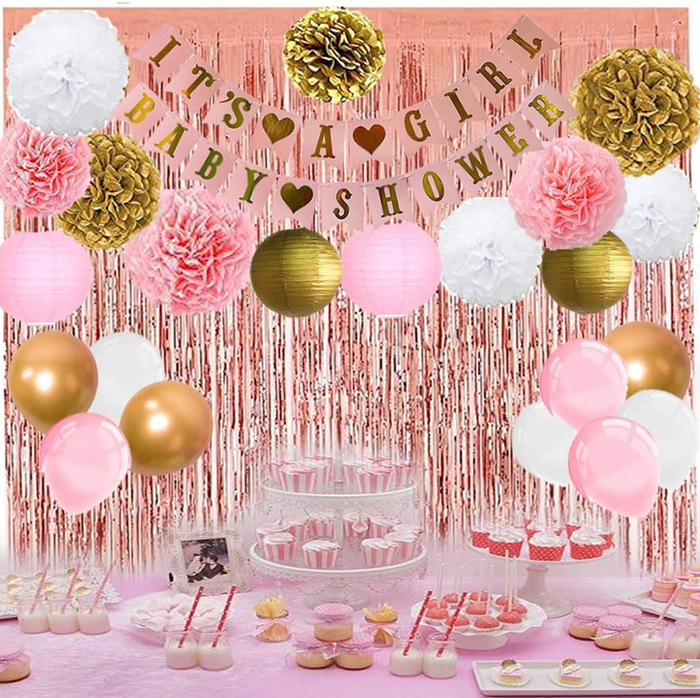 Baby Shower Party Decorations for Girl Pink and Gold Baby Shower Decoration It’s A Girl & Baby Shower Banner Paper Lantern Tissue Flowers Baby Shower Decorations Supplies Set (Size 1)