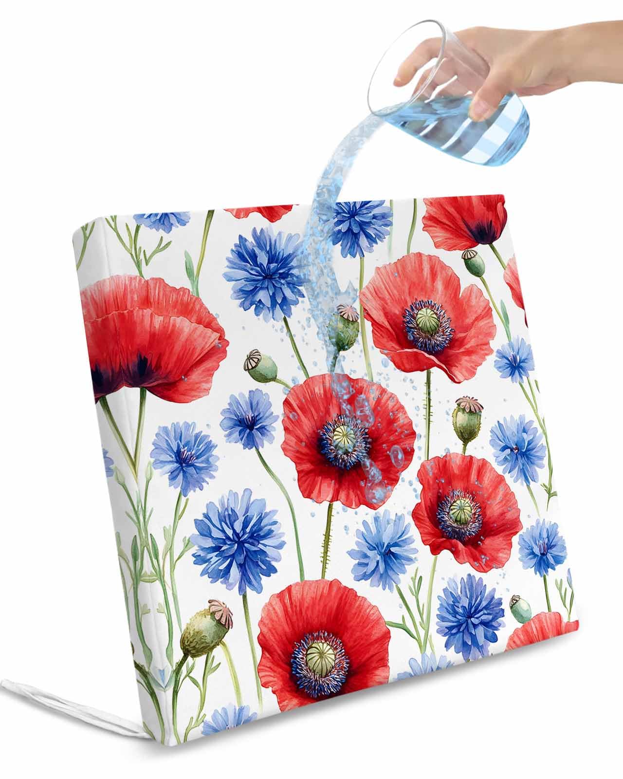 2 Pack Red Poppy Flower Waterproof Cushion Covers with Ties, Outdoor Patio Chaise Lounge Chair Seat Cushion Slip Covers Replacement(Only Cover) Blue Watercolor Budding Floral Summer 24