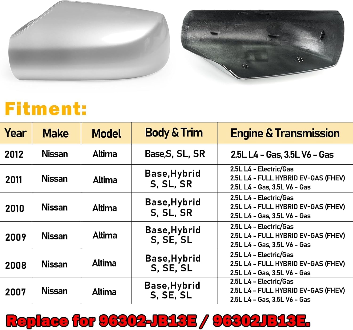 Moonlinks Mirror Cover Replacement Compatible With Nissan Altima 2.5L 2007 2008 2009 2010 2011 2012, Silver Left Driver Side Clip-on Mirror Cap WITHOUT Turn Signal, Replace for 96302-JB13E (Silver)