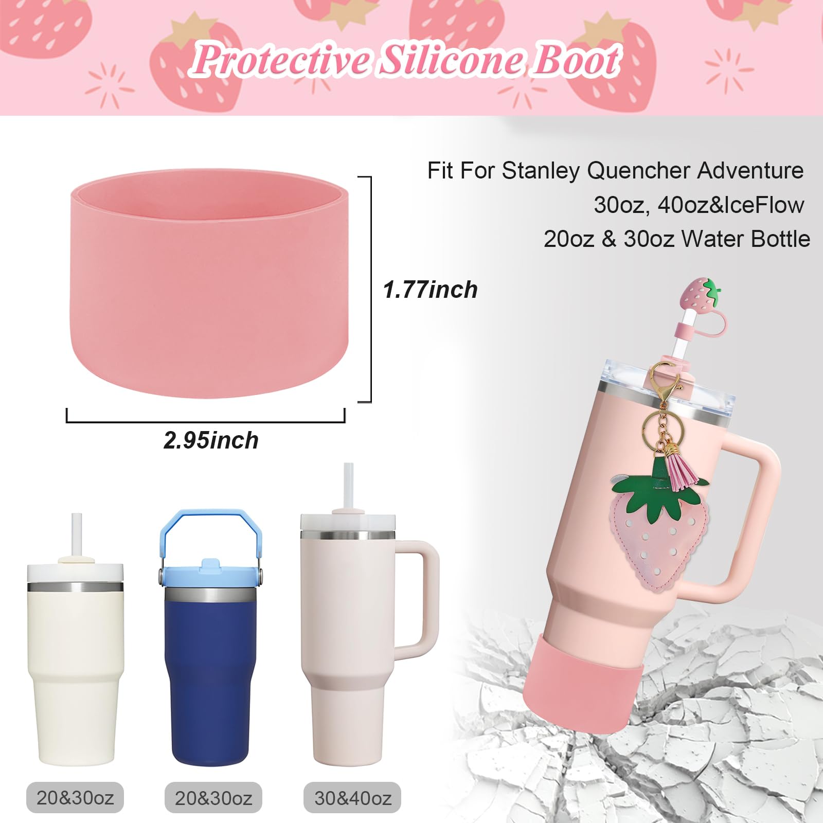 VirgoCCY 7-Piece Strawberry Stanley Cup Accessories Set - Handle Strap, Straw Toppers, Silicone Boot, Charms - View #6