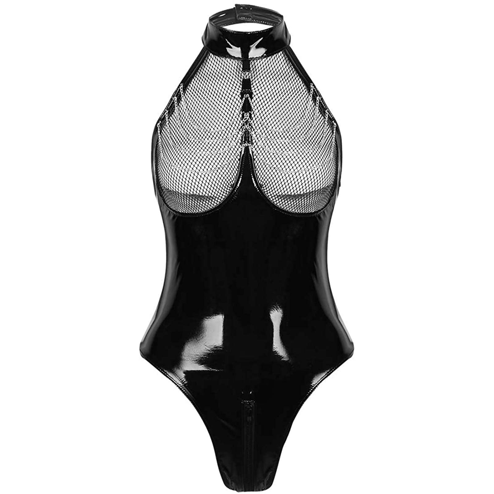 TACKMETERWomen's Metallic High Neck Bodysuit Zipper Crotch Patchwork Leotard Evening Party Clubwear
