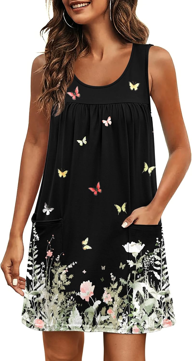 Ekouaer Nightgowns for Women Tank Sleep Shirts Sleeveless Sleep Dress with Pockets Wide Strap Nightshirts