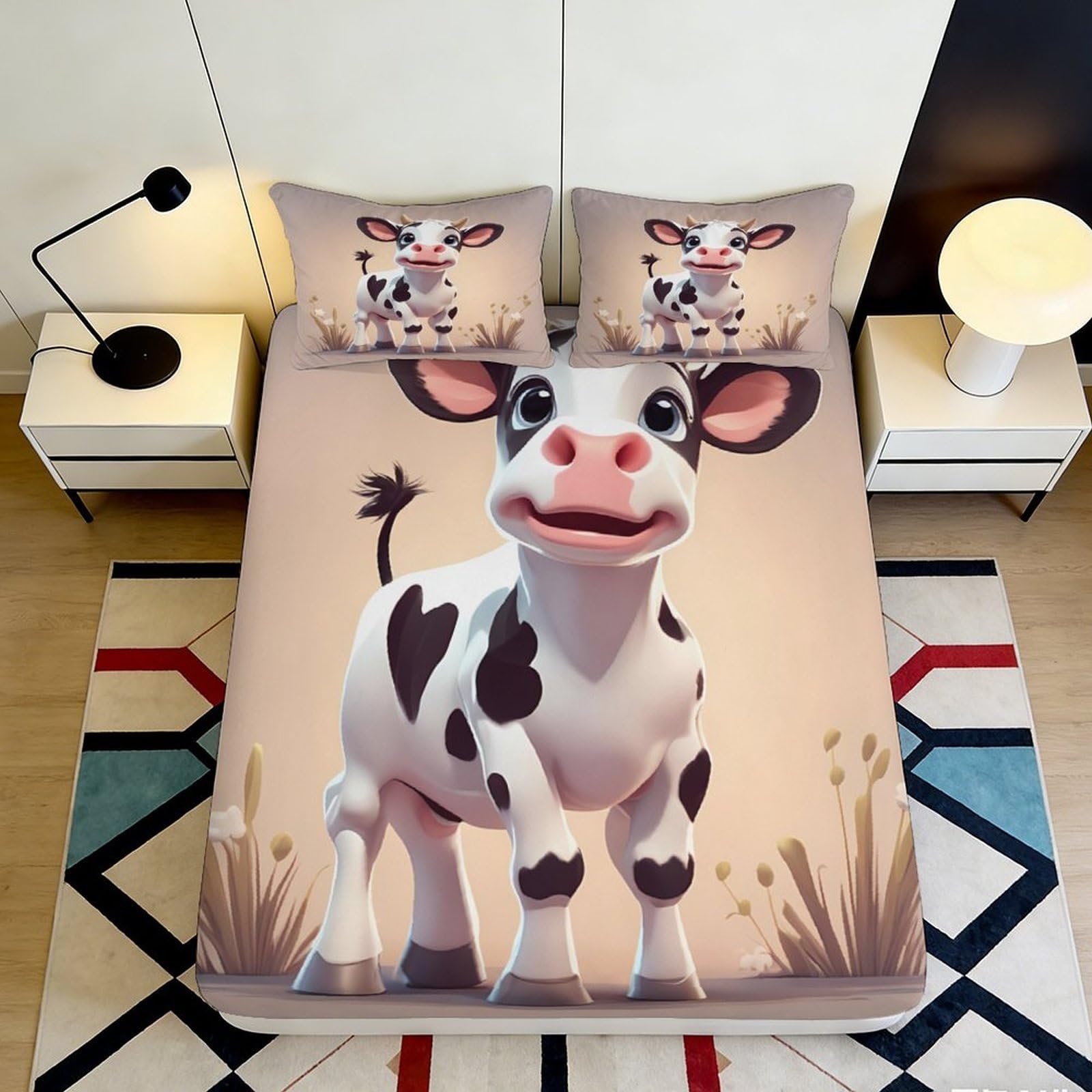 3D Printed Cartoon Cow Fitted Sheet Microfiber Deep Pocket Non-Slip Bedroom Cow Mattress Fitted Cover Washable 140x200x25cm