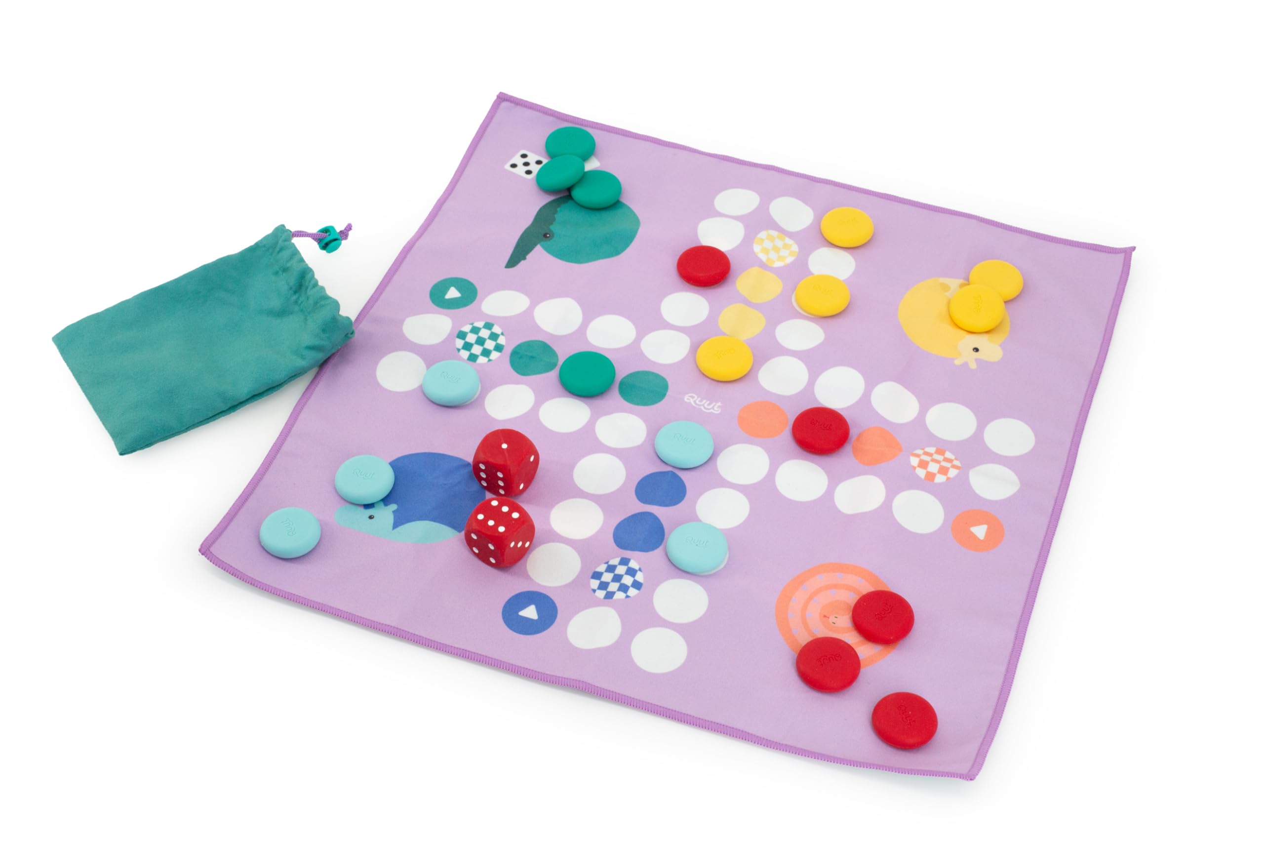 Quut - Jeu de Voyage 2 en 1 Petits Chevaux & Morpion pour Enfants dès 3 Ans - réversible - imperméable - Microfibre - 18 pions en Silicone - 2 dés - avec Pochette