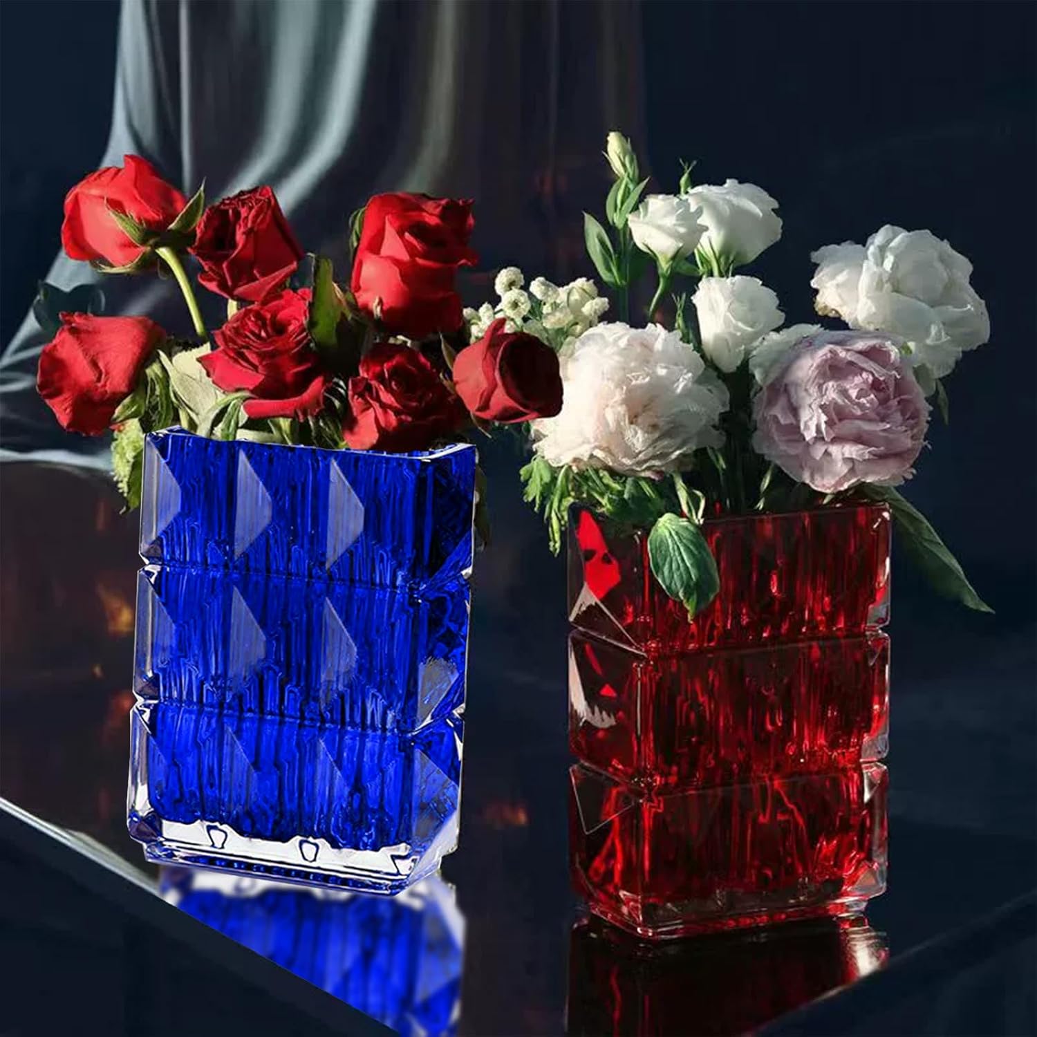 Heavy Duty Modern Crystal Glass Flower Vase - Handmade Red Square Glass Vase Decor for Wedding, Office, Living Room, Bedroom, Dining Table - Image 3
