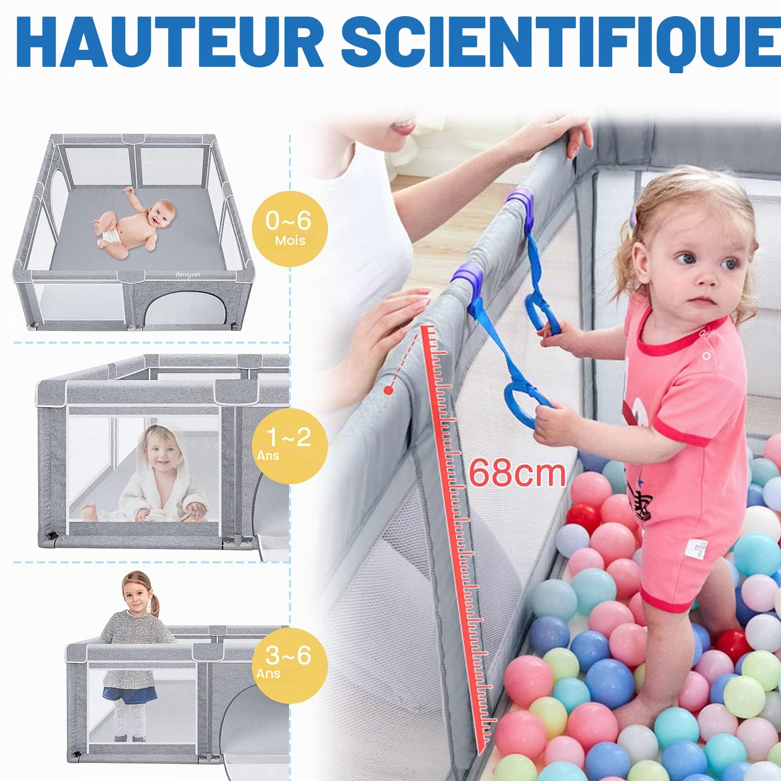 NAIZY Parc pour bébé XXL - Gris - Avec base antidérapante et filet respirant - Pour enfants - Pour l'intérieur et l'extérieur - 200 x 180 x 68 cm