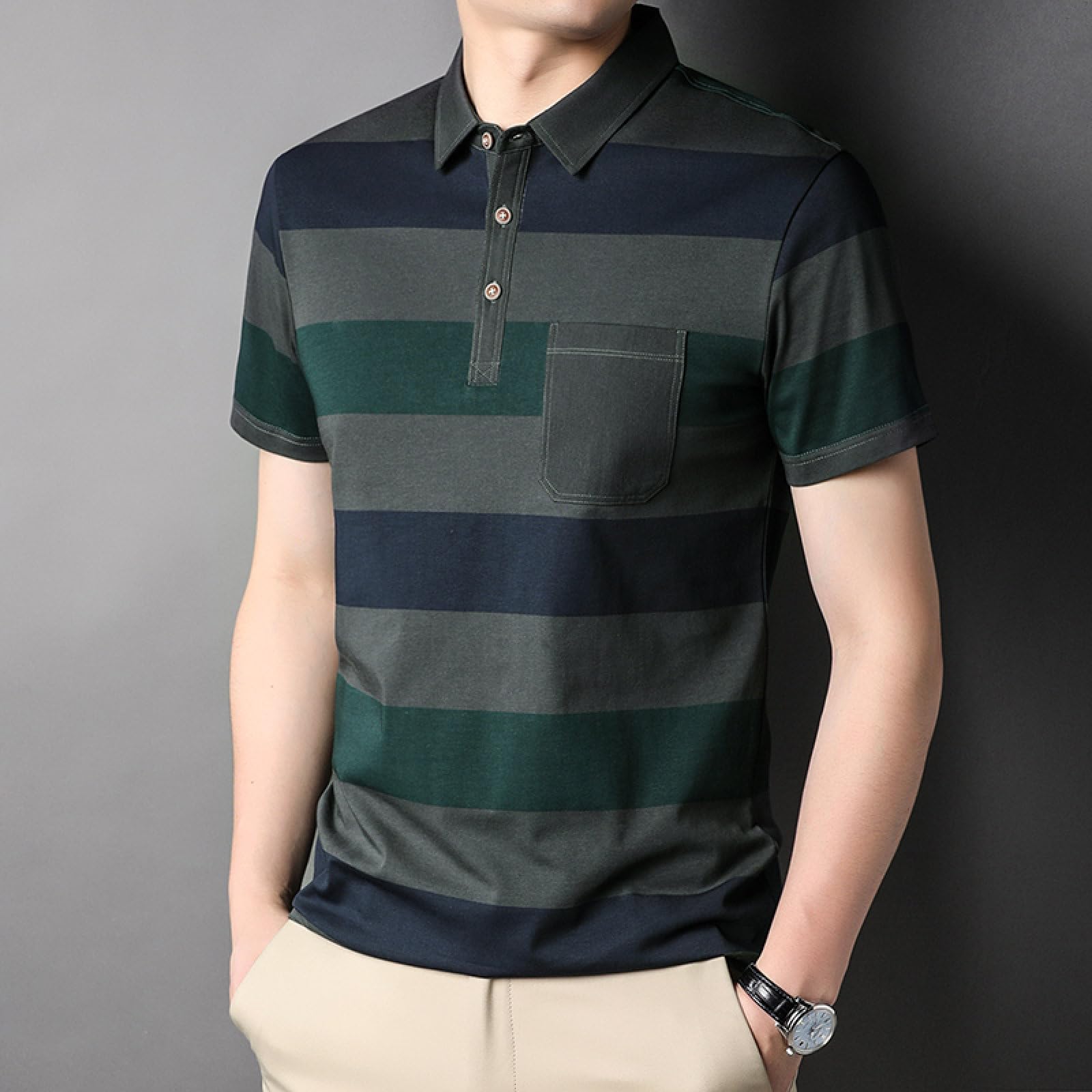 Moda Casual - Polo Estiva in Cotone Grigio Risvolto Verde Polo da Uomo A Maniche Corte Tinta Unita Top Casual Abbigliamento Moda Top da Lavoro da Uomo