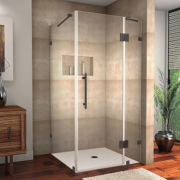 Avalux 33 in. W x 36 in. D x 72 in. H Rectangular Pivot Frameless Corner Shower Enclosure in Matte Black with Clear Glass