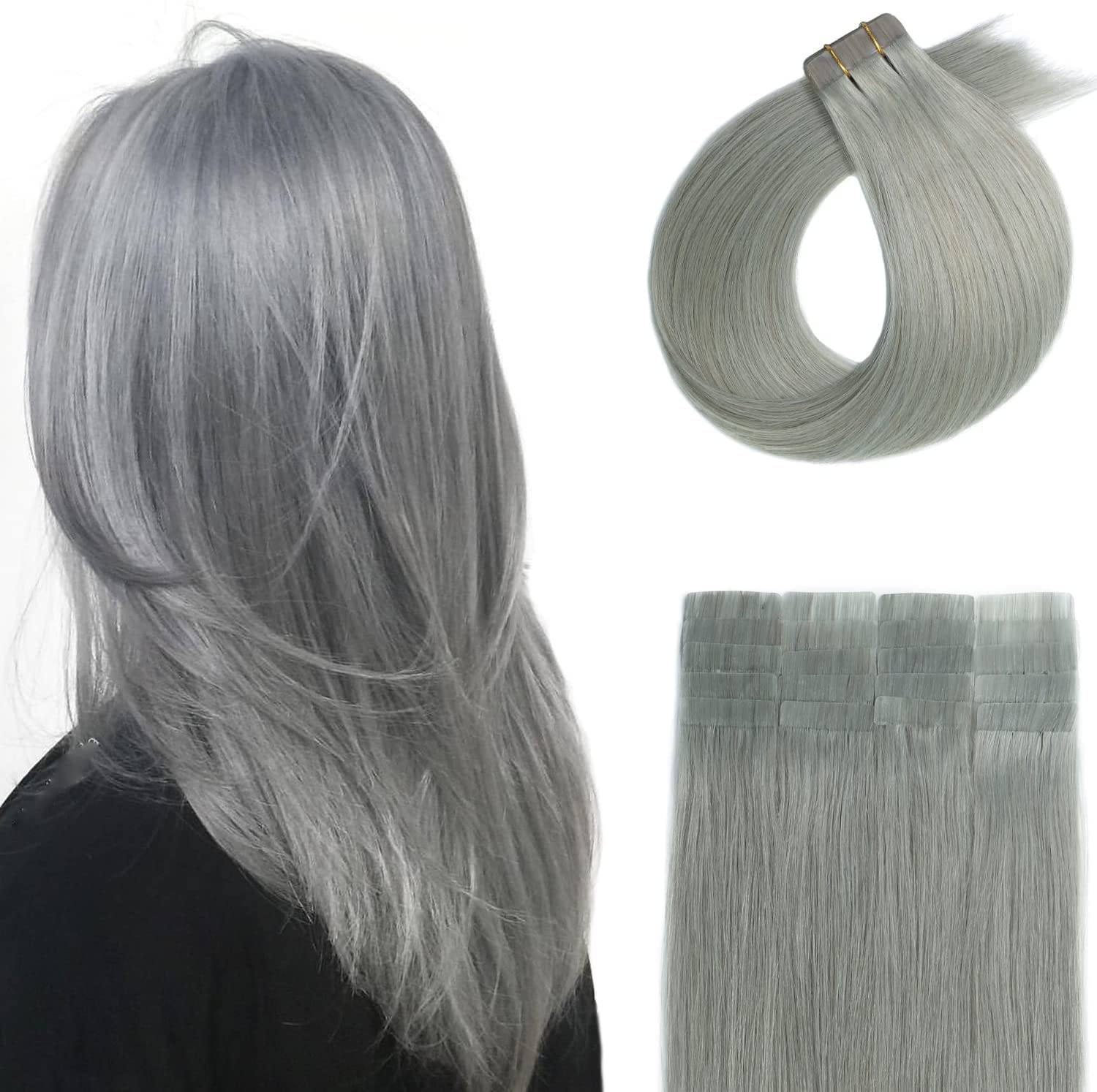 Amazon.com : Vario Hair Tape In Real Human Hair Extensions 7A Silk Straight  Skin Weft Extensions 100% Human Hair extensions (22Inch 60g/20pcs #Silver  Gray) : Beauty & Personal Care