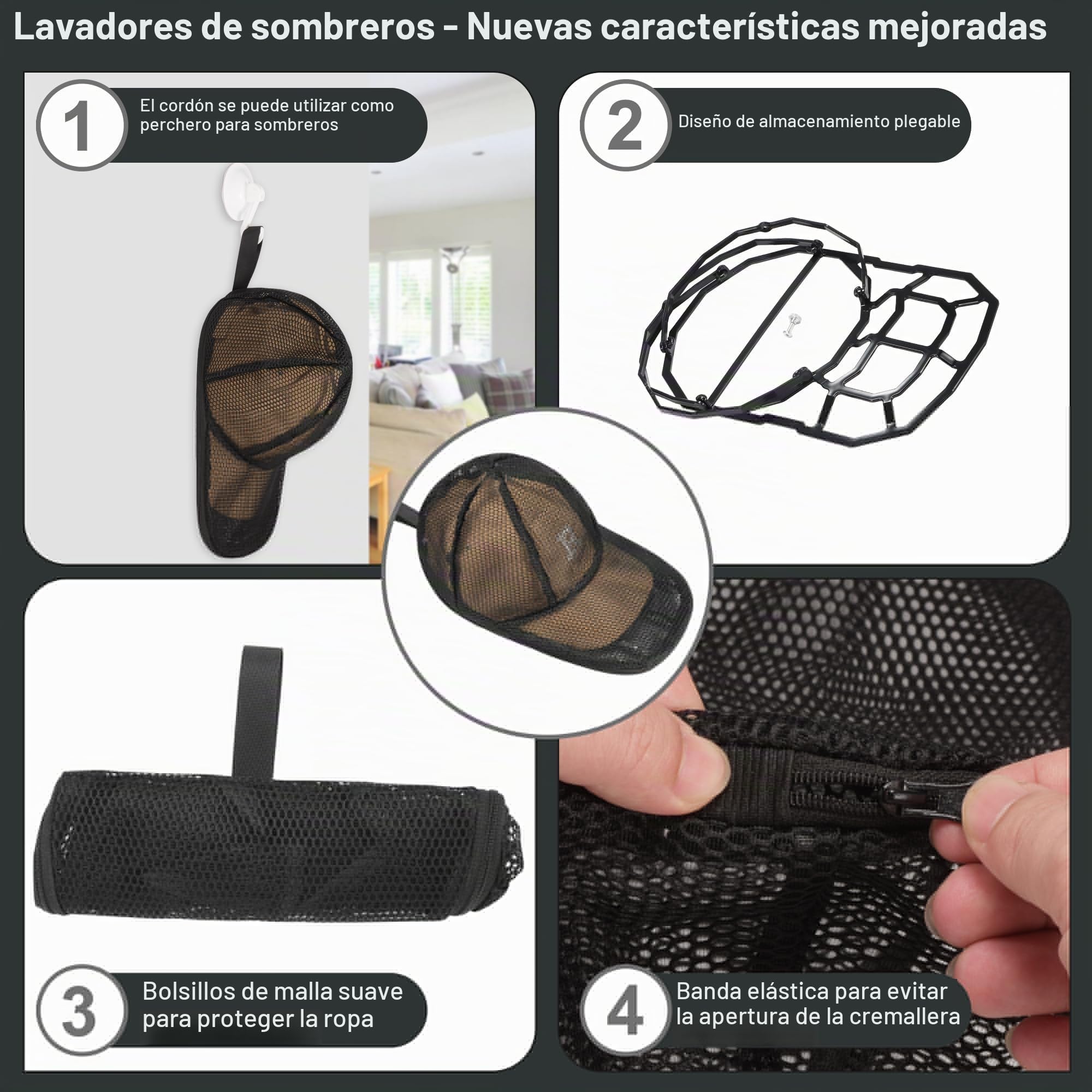 Protector de Gorras Jaula Curvada para Lavadora o Lavavajillas, Arandela de Tapa para Sombreros de Béisbol, para Niños y Adultos, Negro