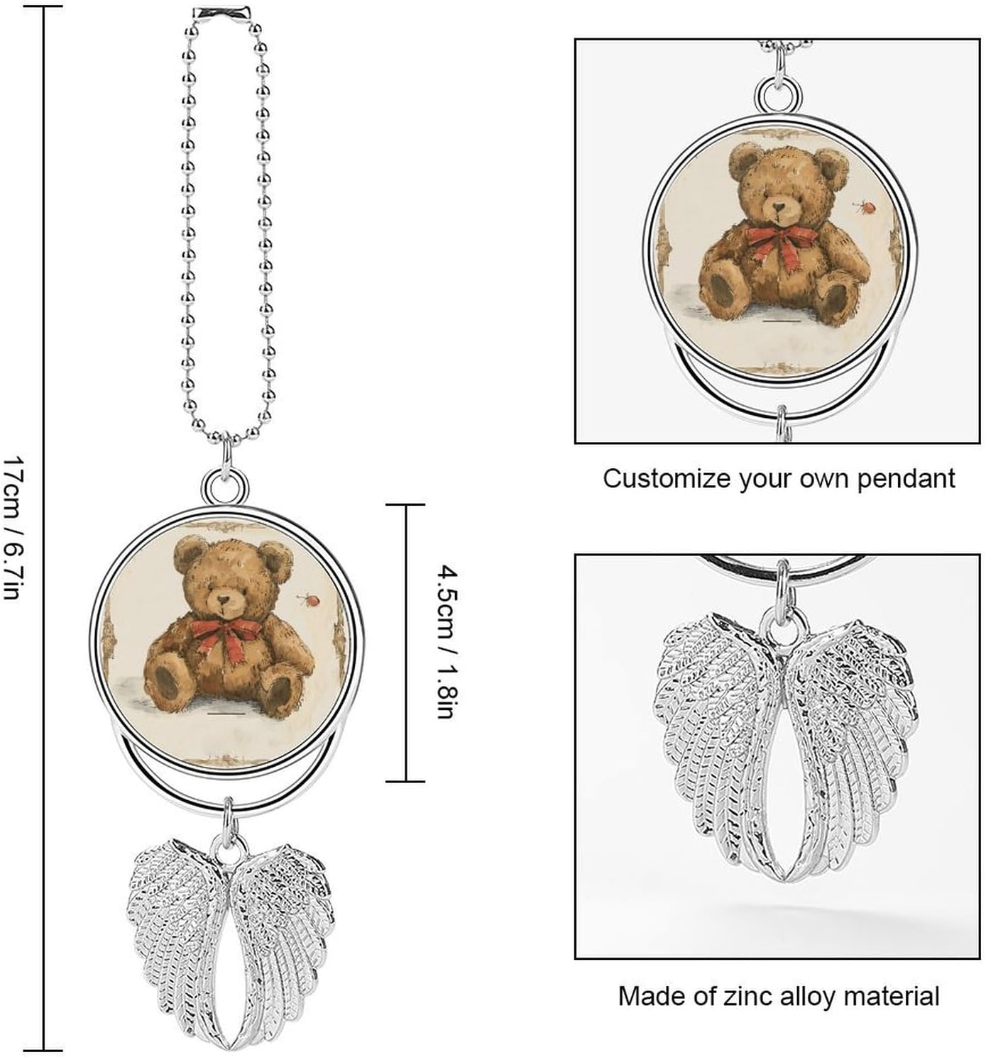 Guardian Angel Wing Hanging Car Charms Car Hanging Ornament Vintage Bear Toy Rear View Mirror Hanging Accessories Aesthetic Pendant for Automotive Interior Home Bag Purse Decoration-Silver image 2