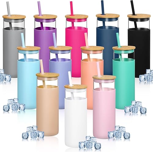 Roshtia 12 botellas de agua de vidrio de 17 onzas con tapa con popote de bambú, tazas de café reutilizables, de silicona, funda protectora de