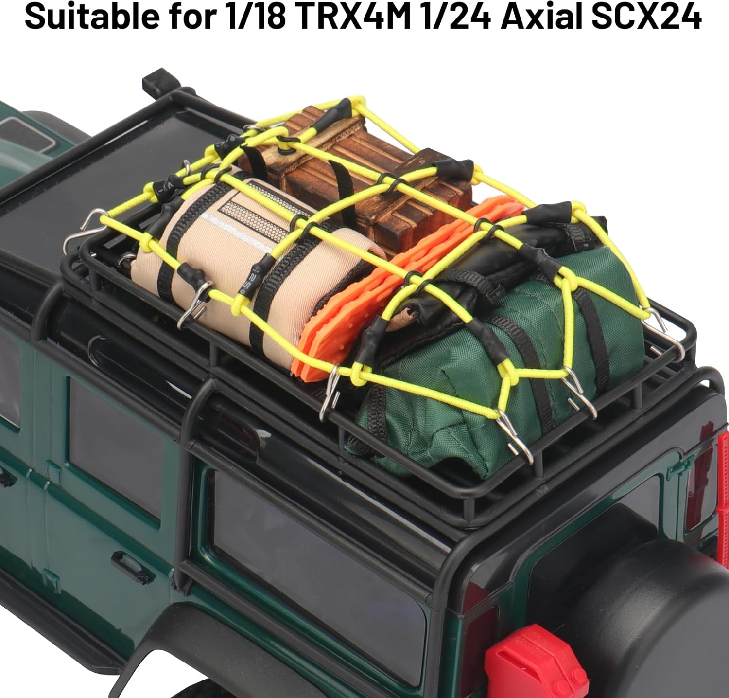 daitoku 1/24 1/18 RC Crawler Accessories Car Roof Decoration Include Luggage Net Sleeping Bag Recovery Boards Wood Box Simulation Decorative Package for 1/18 TRX4M 1/24 Axial SCX24 (Yellow)