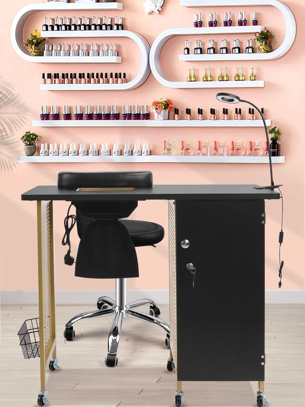 Kalolary Mesa de manicura Profesional Salón Estación de uñas móvil con colector de Polvo de uñas, 4 cajones, reposapiés de muñeca, Manicura de Belleza Estación de salón de SPA (Oro Negro)