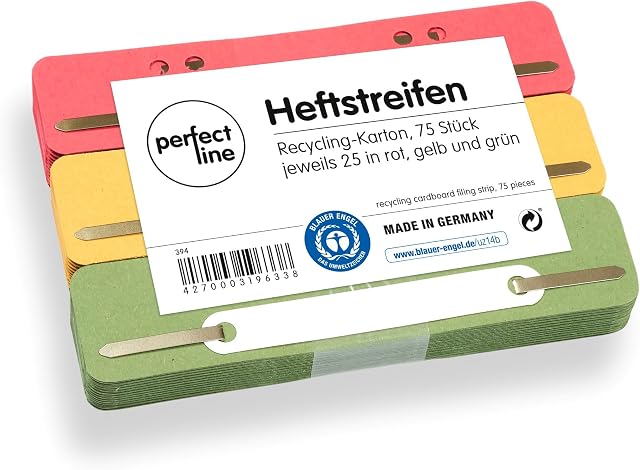 perfect line  75 kartonowych pasków do segregatorów, karton z recyklingu, 250 g/m², Made in Germany (czerwony, zielony, żółty.)