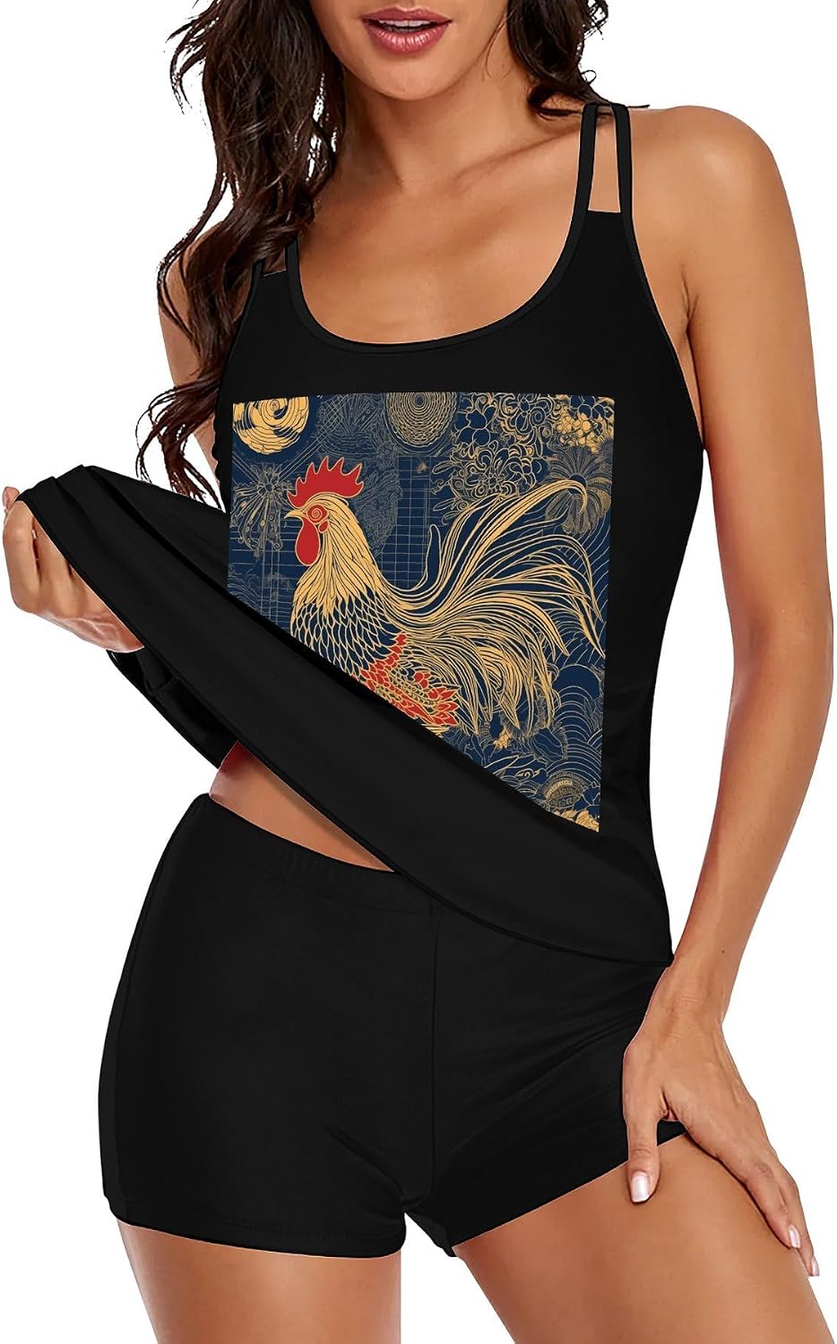 Striped Golden Rooster Tankini Swimsuits for Women Tummy Control Two Piece Bathing Suits Swim Tops with Boy Shorts