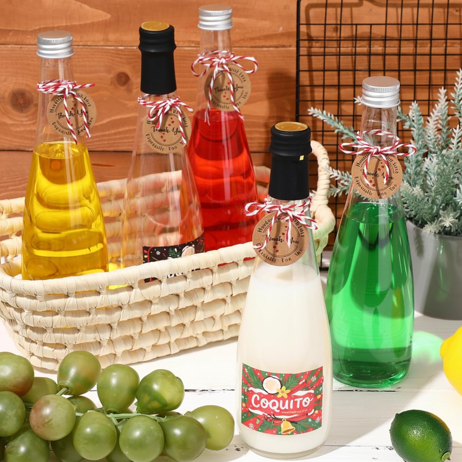 Baderke 24 Pack 16oz Christmas Plastic Coquito Bottles with Caps Label Stickers Decoration 500ml Clear Empty Wine Bottle for Drinks Plastic Champagne Bottle for Homemade Coquito Xmas Party (Black) - Image 3