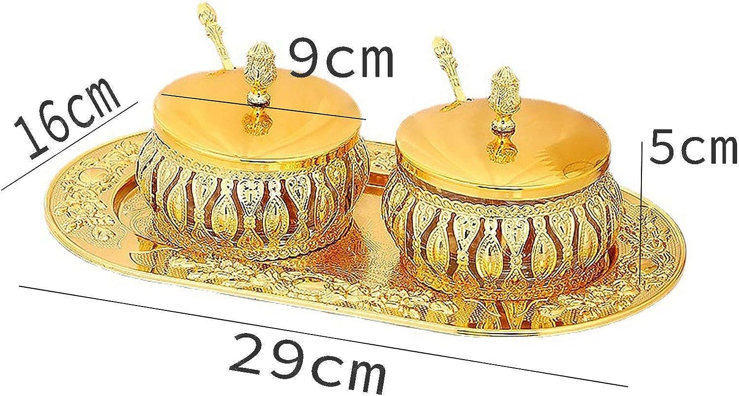 Sucrier,sucrier avec Couvercle,sucrier doré avec Couvercle et cuillère, Pot à épices en Verre doré, Pot à Bonbons avec Plateau for décoration de Cuisine-Or-Ensemble Entier