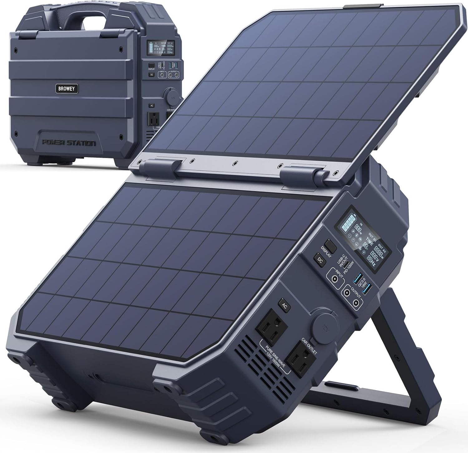 BROWEY 1600W (3200W Peak) Portable Power Station, 1024Wh LiFePO4 Battery with Built-in Solar Panel, 100W USB-C PD, Solar Generator for Camping, RV, Home Backup, Emergency (Dark Blue)