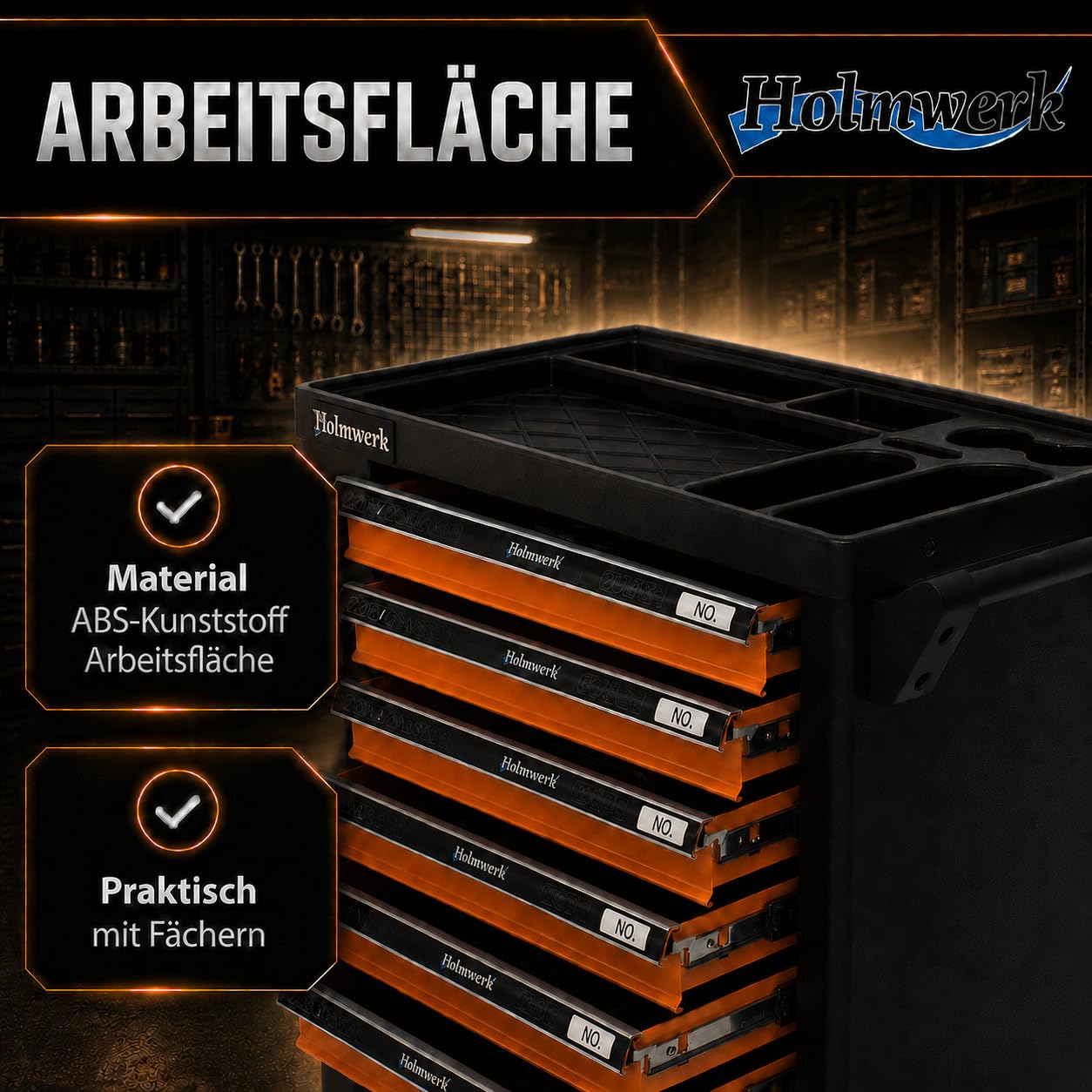 Werkstattwagen leer mit 8 Schubladen und Seitentür, Werkzeugwagen Montagewagen abschließbar mit Vollauszug, ABS-Ablage, 125 mm Rollen, Stahl, Orange Schwarz, für Werkstatt Garage Kfz