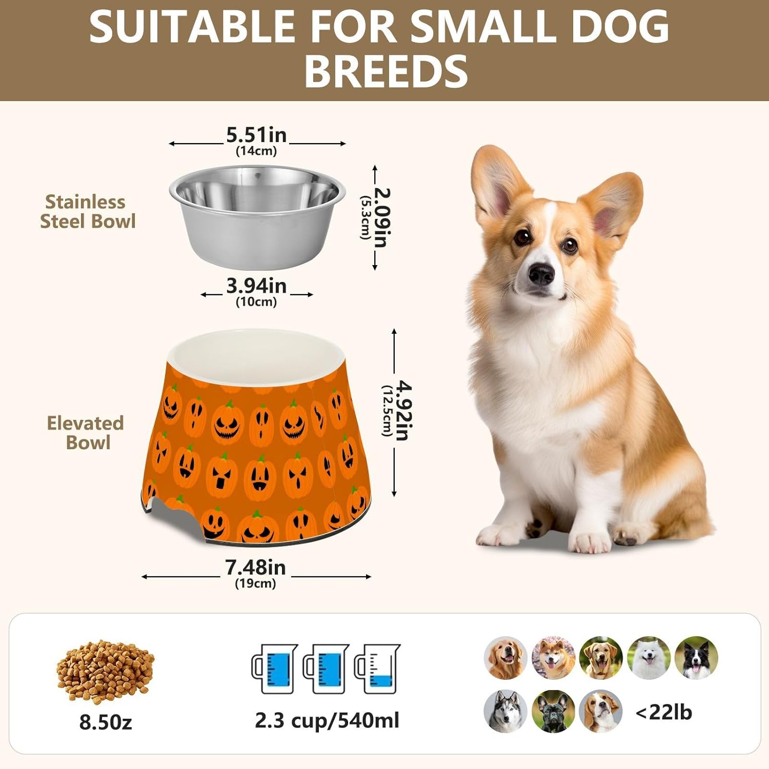 Pumpkin Halloween Pet Bowl Elevated Dog Bowls with Stainless Steel, Raised Dog Bowl for Comfortable Feeding and Easy Cleaning, for Pets.23301007