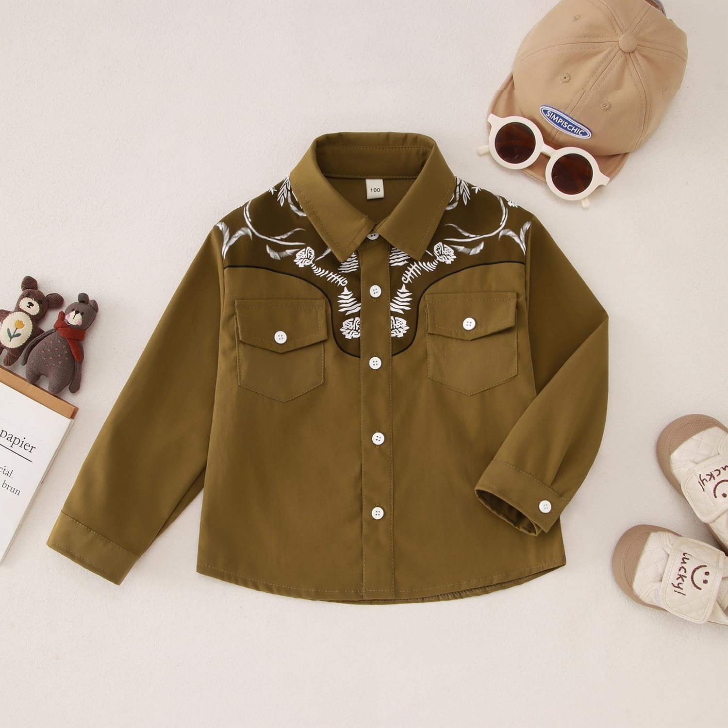 Ritatte Toddler Boys Girls Western Cowboy Shirts Retro Long Sleeve Button Down Shirt Kids Floral Pockets Outfit Country Tops - Image 6