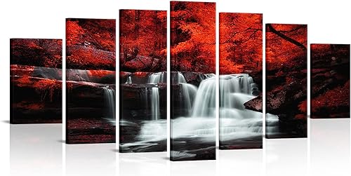 LevvArts Arte de pared en blanco y negro, 7 piezas de bosque de árboles rojos, cascada, lienzo impreso en lienzo de paisaje otoñal enmarcado para