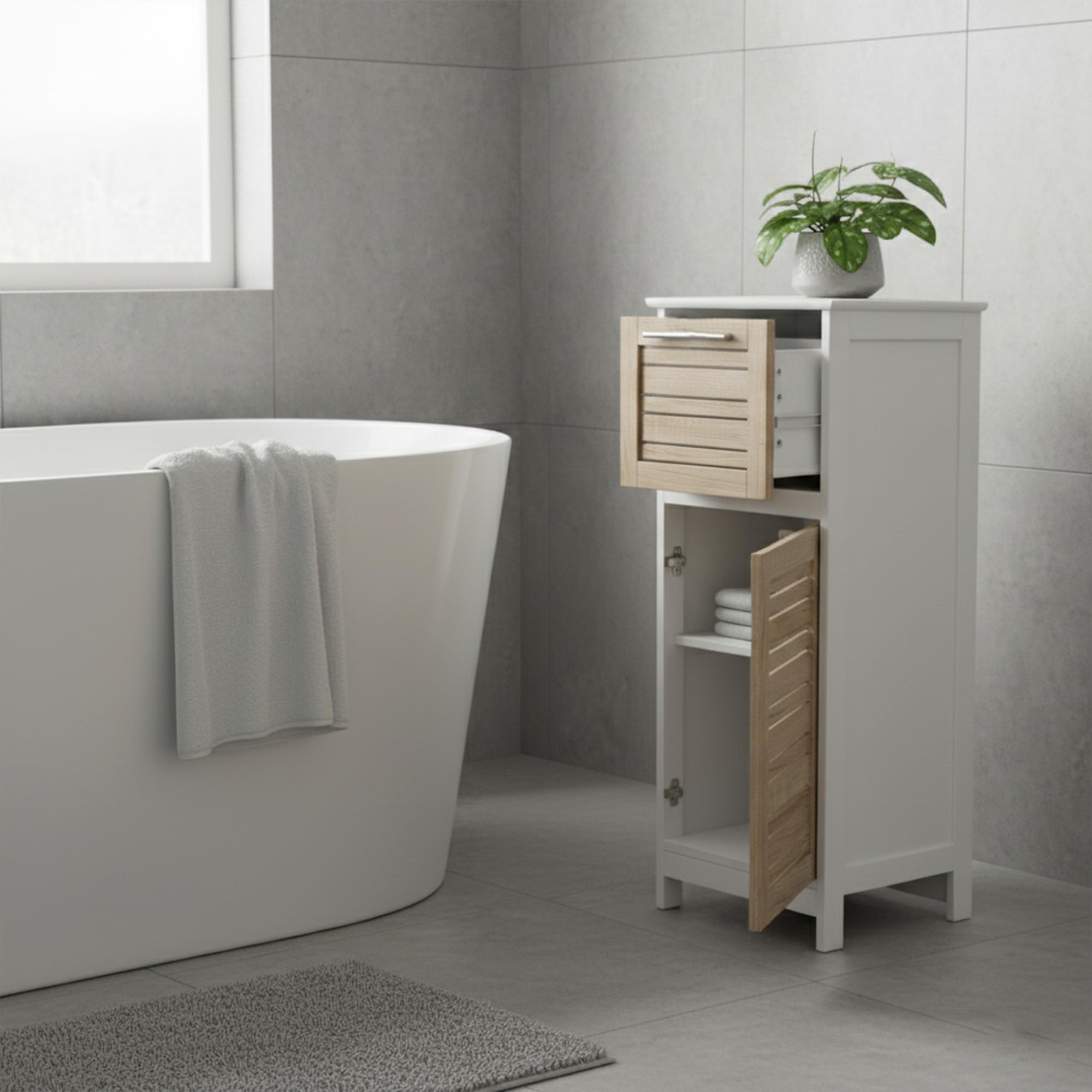 Tendance Colonne Meuble bas de salle de bain - 1 porte et 1 tiroir - Aspect Chêne vieilli