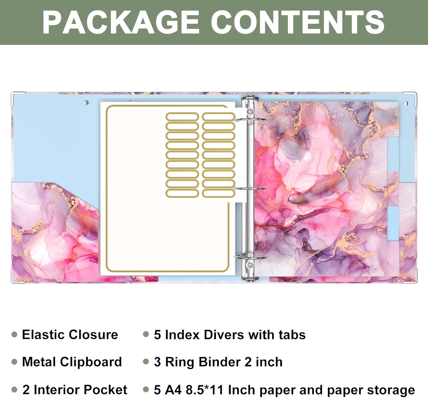 Rouidr 3 Ring Binder, 2 Inch Round Ring Binder Organizer with Clipboard, 5 Dividers Tabs, A4 8.5 x 11 Inch Paper & Clear Sleeves for School, Office Supplies, Red Marble