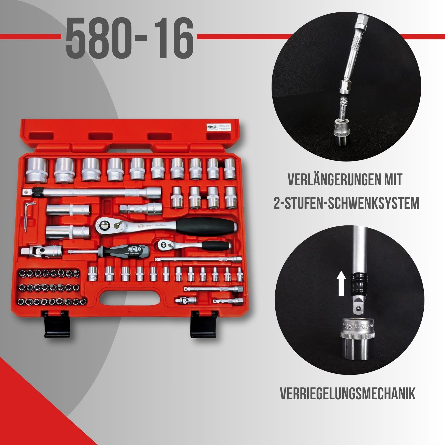 FAMEX 580-16 mechanik zestaw kluczy nasadowych z 108-zębowymi grzechotkami - profesjonalna skrzynka z grzechotką - mechanizm blokujący - wkładki bitowe