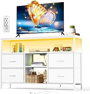 TV Stand with 4 Drawers, LED Lights Dresser with Charging Station