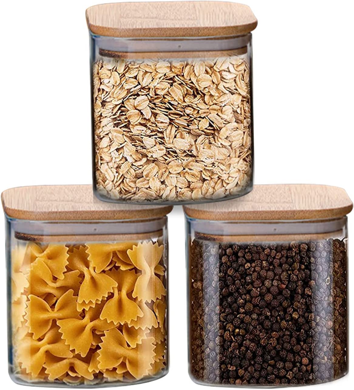AKDC Set of 3 Square Glass Jar with Bamboo Lid, Kitchen Food Storage Containers Airtight Lids Cereals Canisters Jars for Pasta Spaghetti Tea Coffee Beans Candy Cookies Snacks (Small - 800ML)