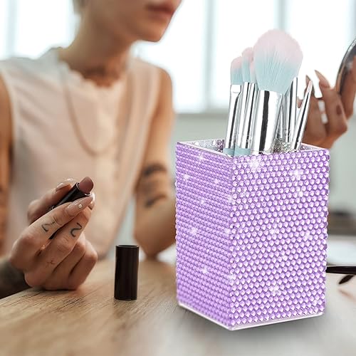 Vista 13 de KEYPOWER Portalápices de acrílico decorado con diamantes de imitación brillantes para brochas de maquillaje, accesorios modernos de papelería