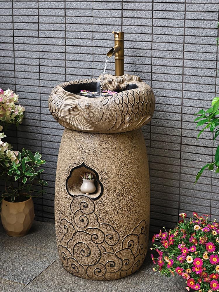 Golden Auspicious Outdoor Sink with Dragon & Cloud Art – Large Resin Stone Composite Basin for Garden, Balcony, Patio – Decorative Freestanding Handwashing Station with Fortune Symbols