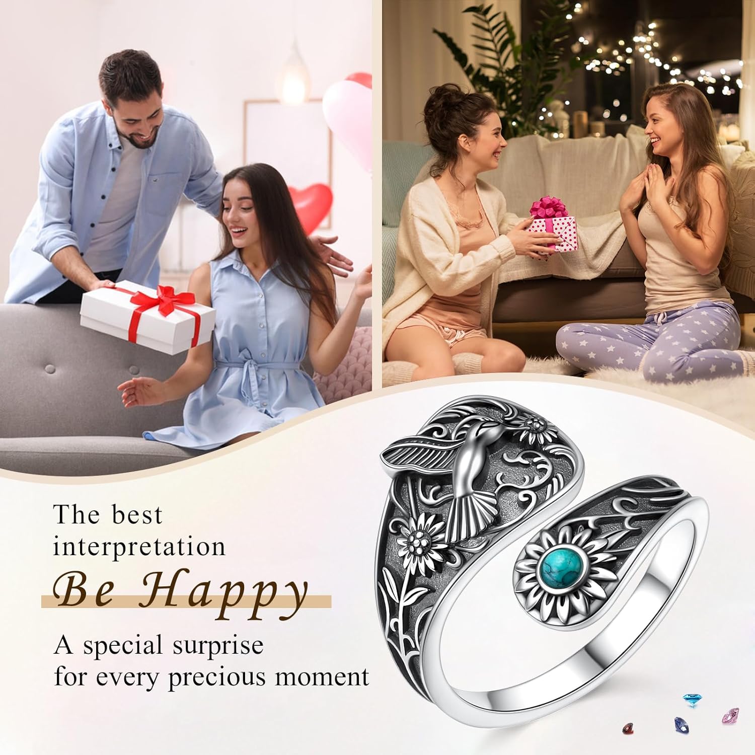 Hamsa Hand of Fatima Lotus Evil Eye/Love Heart/Butterfly/Rose Spoon Adjustable Open Rings 925 Sterling Silver Statement Ring Jewelry Gifts for Women