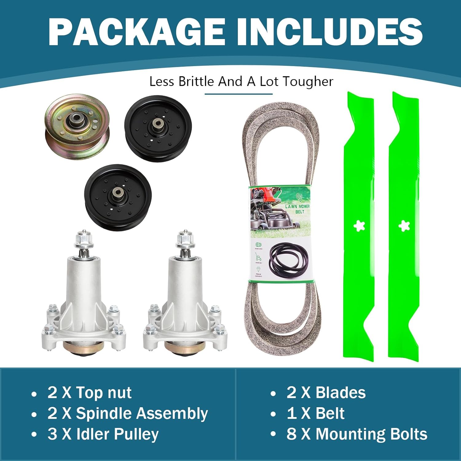 46'' Deck Rebuild Kit Fits Hus qvarna Pou LAN PP20VA46 PP19H46 2246LS 2 Spindle (187292) 2 Blade (531309715) 1 Belt (405143) 2 Idler (196106) 1 Idler (177968)