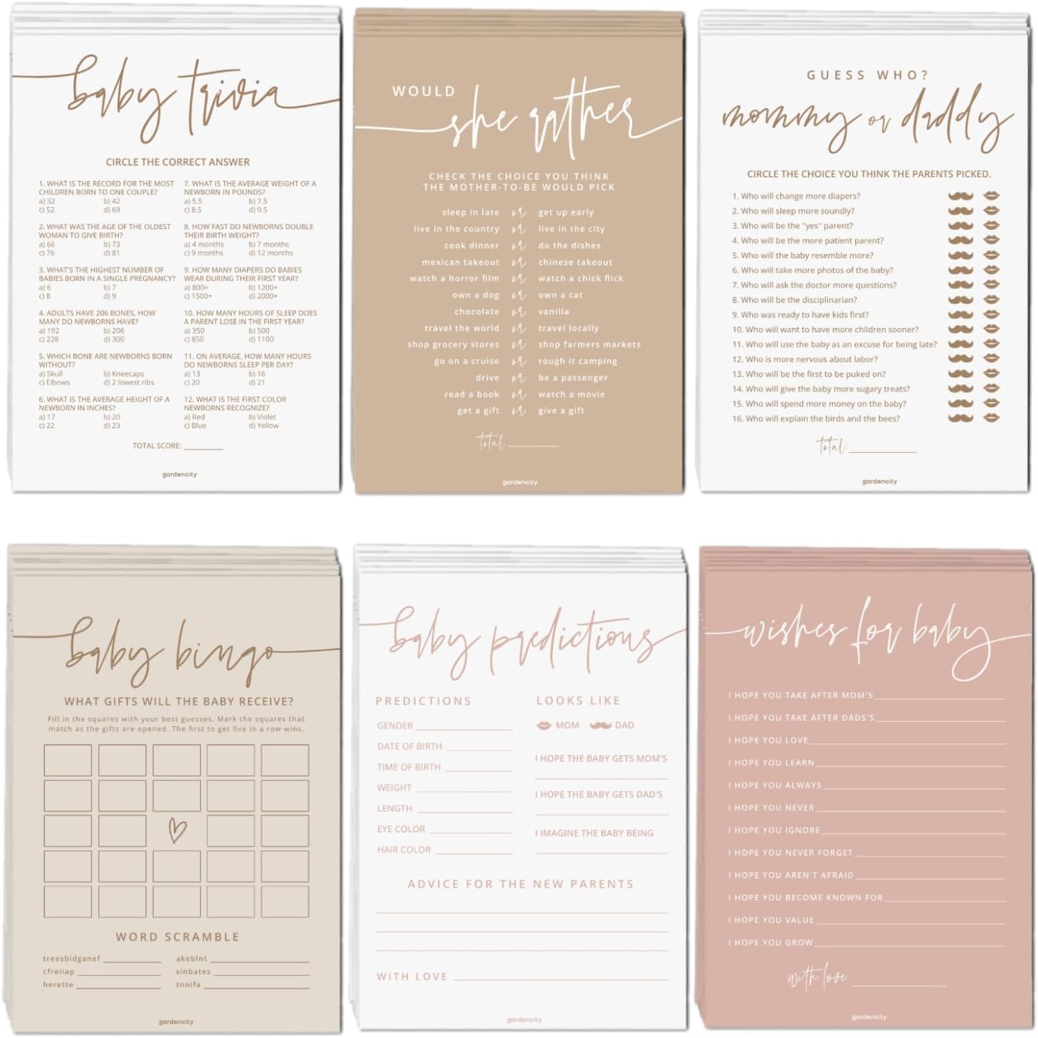 Baby Shower Games for Girl - Set of 6 Boho Baby Shower Games for 25 Guests, Double-Sided Cards, Gender Neutral