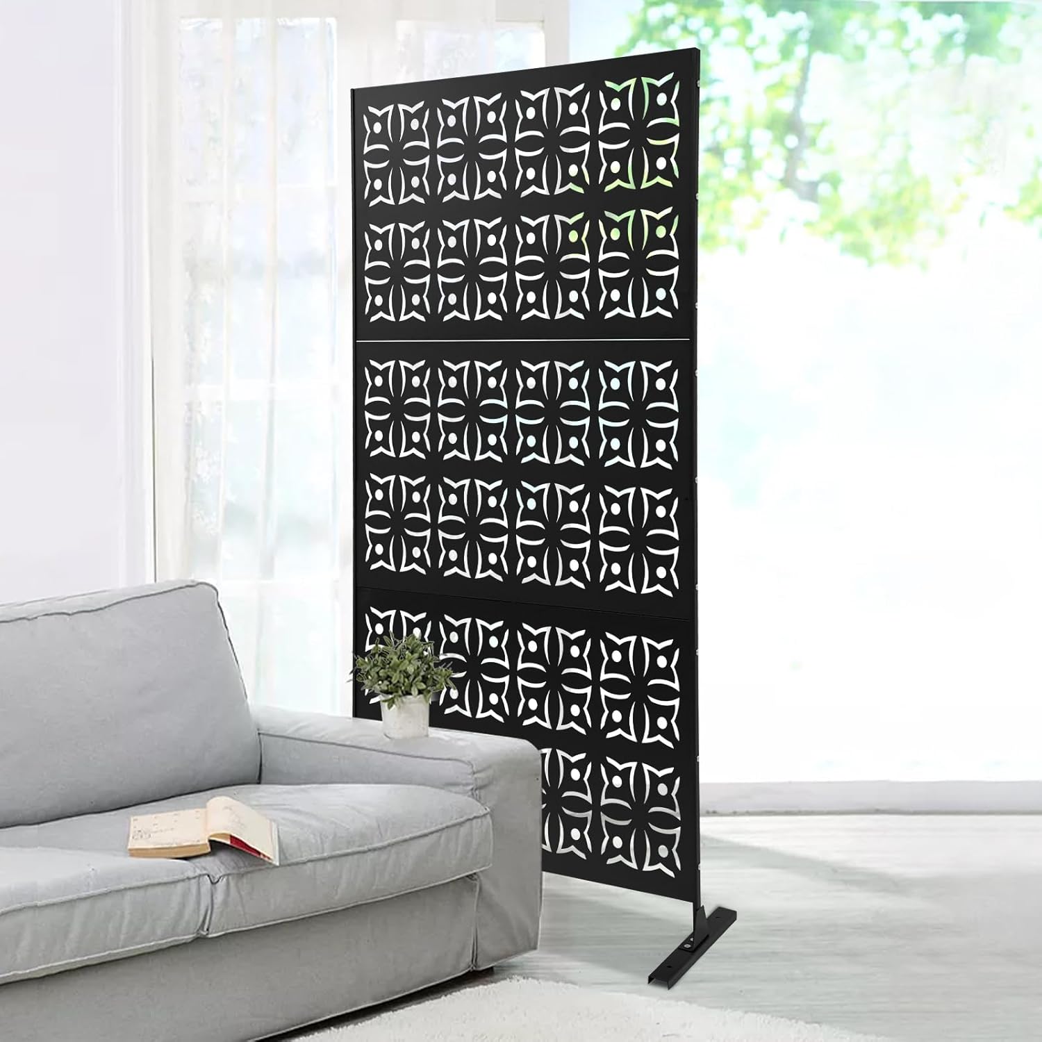 Outdoor Privacy Screen, 75" H x 35" W Metal Patio Privacy Screen with Stand, 3 Panels Freestanding Privacy Fence for Patio, Garden, Indoor (Black Floral Pattern)