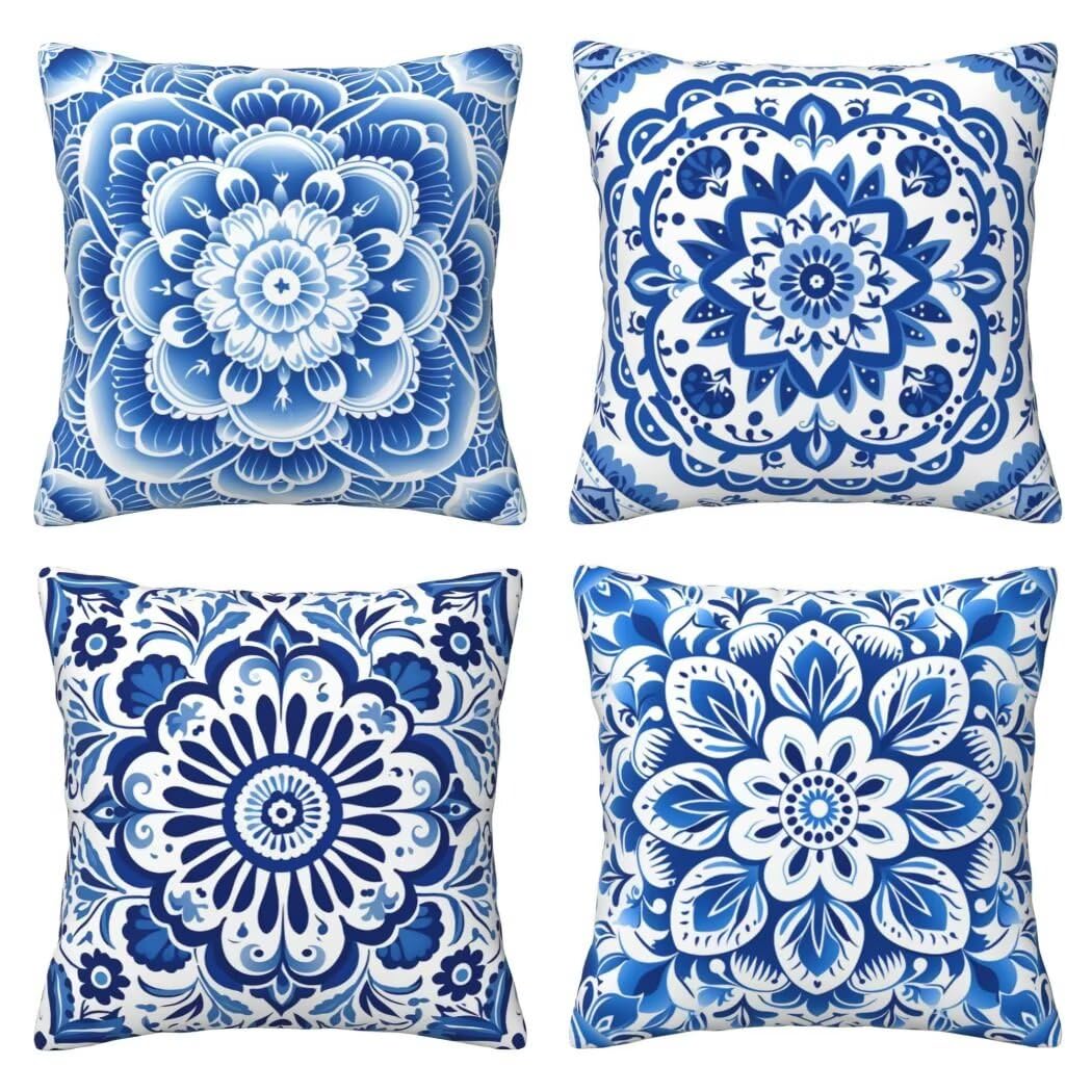 Kissenbezug 50x50 4er Set Leinen Kissenbezüge Boho Dekorative Sofakissen Zierkissen Blau Couchkissen Outdoor Kissen Zierkissenbezüge Deko Kissen für Sofa Schlafzimmer Wohnzimmer Balkon -LI258