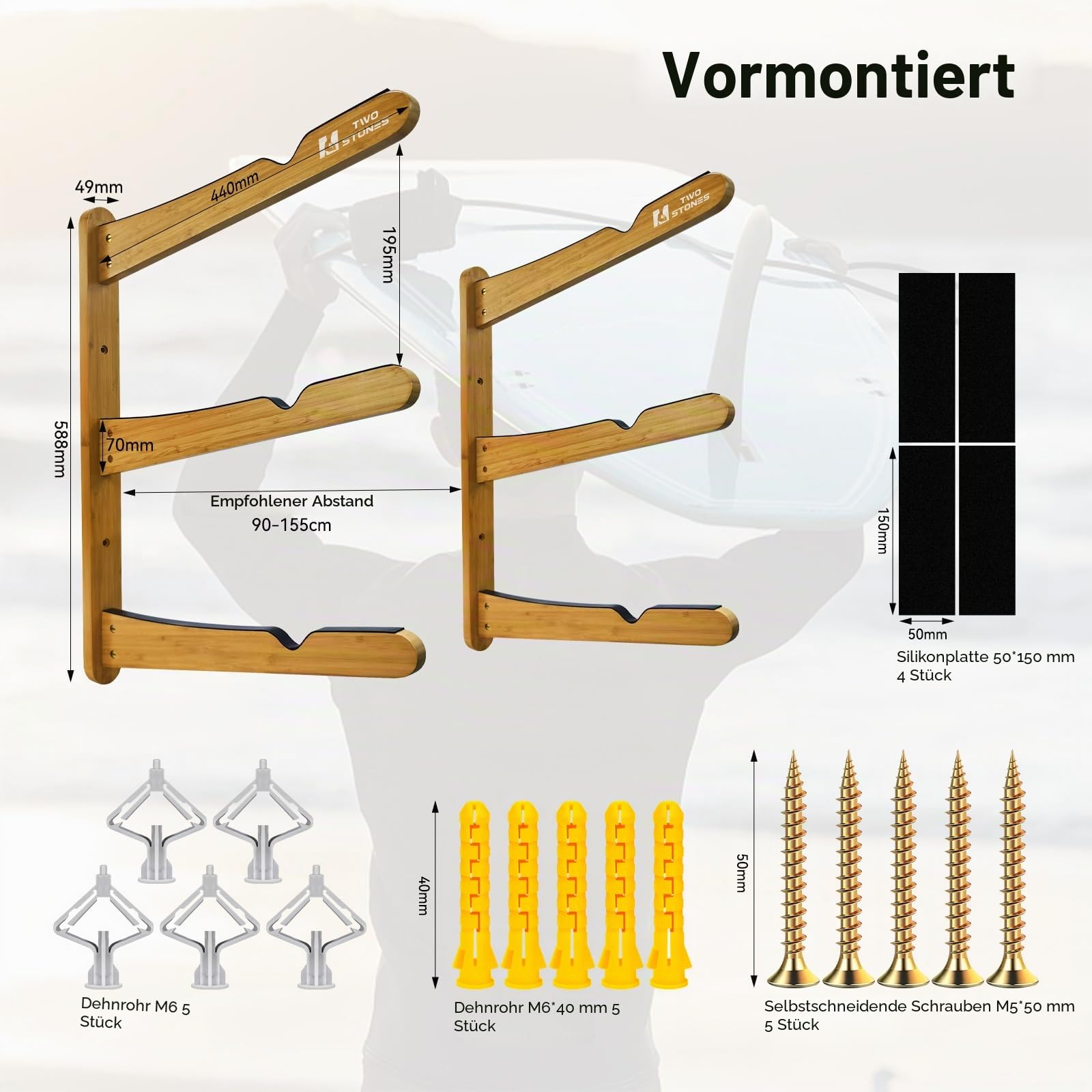 TWO STONES Surfbrett-Halter für die Wand, Surfbrett-Aufhänger funktioniert als Shortboard-, Skimboard- und Longboard-Aufhänger oder Ständer (CJ-OT2202)