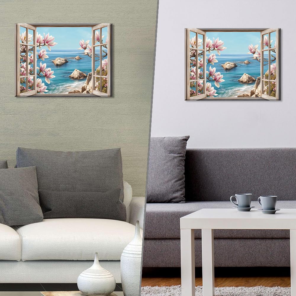 PIY PAINTING Wasserfront Szene Spiaggia Quadri Moderni Soggiorno Stampe Da Parete Mare e Finestra Disegno Su Tela Fiore Immagine Pittura Dipinto Quadro Con Cornice Decorazione Camera Da Letto 30x40 cm