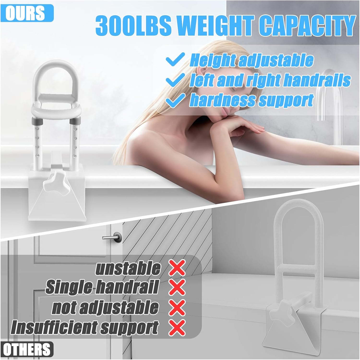 Adjustable Bathtub Safety Rail & Shower Grab Bar for Elderly – Heavy-Duty Support, Height/Width Flexible, Enhanced Bathroom Safety, Sturdy No-Drill Installation, Supports 330 lbs